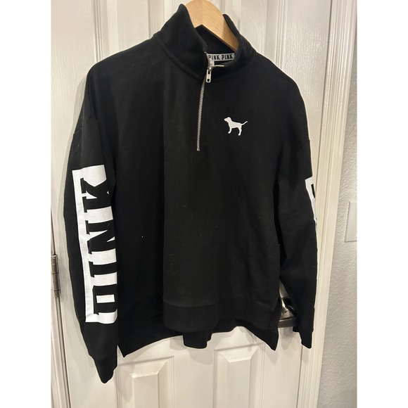 PINK Victoria's Secret Tops - PINK Victoria's Secret Sweatshirt Black Quarter Zip Logo Graphic Pullover M